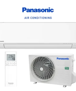A Panasonic split-system air conditioner setup showing the indoor unit, outdoor condenser, and remote control. (2)