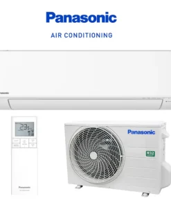 A Panasonic split-system air conditioner setup showing the indoor unit, outdoor condenser, and remote control.